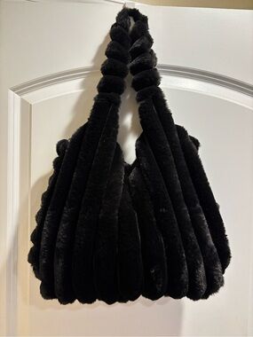 Black Faux Fur Shoulder Bag - Plush Textured Tote